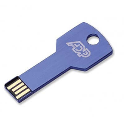 Metallic Key USB Flash Drive in blue, a stylish corporate gift for data storage and promotional use.