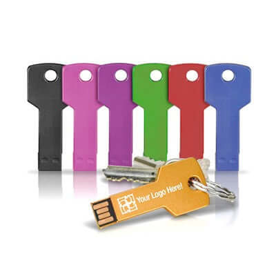 Metallic Key USB Flash Drive in various colors, perfect corporate gift for branding and essential storage.