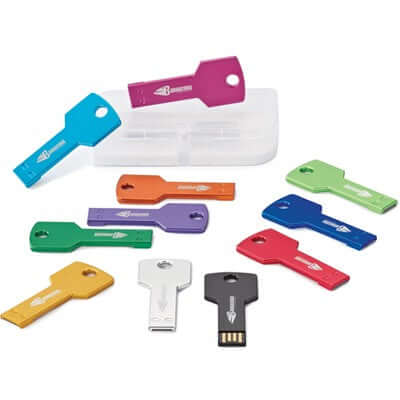 Metallic Key USB Flash Drive in various colors displayed with a storage case, ideal corporate gift.