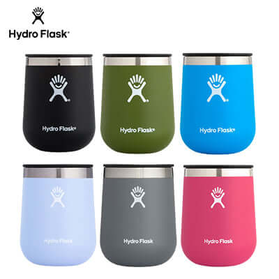 HydroFlask 10oz Wine Tumbler in six colors, ideal for gifts and outdoor use.