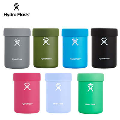 HydroFlask 12oz Cooler Cup in various colors including gray, green, blue, black, pink, light blue, and teal.