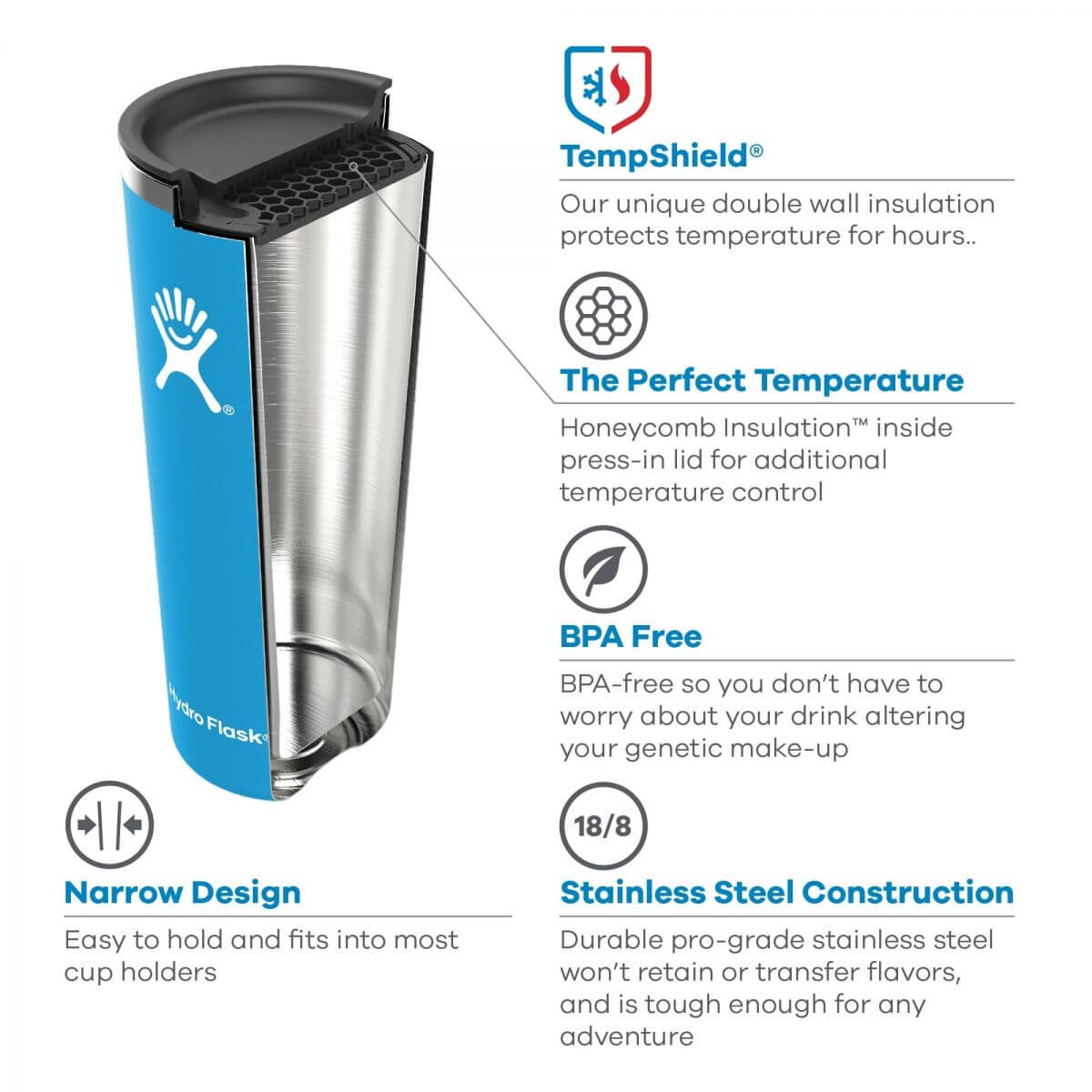 HydroFlask 16oz Tumbler features TempShield, narrow design, and BPA-free stainless steel construction.