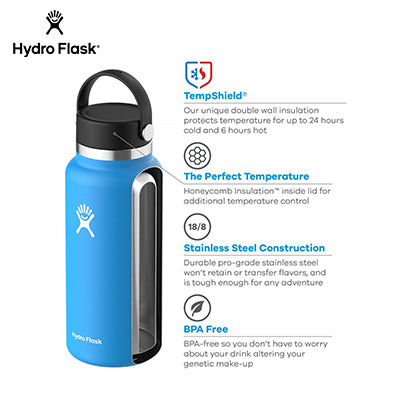 HydroFlask 20oz Wide Mouth Bottle features TempShield insulation and stainless steel construction for optimal temperature retention.