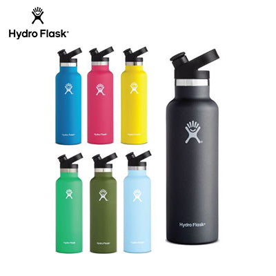 HydroFlask 21oz Standard Mouth Bottle with Sport Cap in various colors on display, perfect as a Corporate Gift.