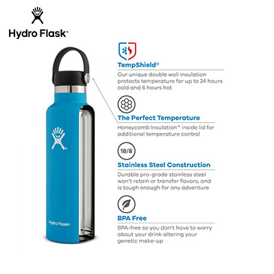 HydroFlask 21oz Standard Mouth Bottle with Sport Cap features TempShield insulation and stainless steel construction.