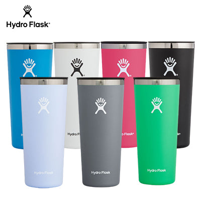 HydroFlask 22oz Tumbler in various colors including blue, white, pink, black, gray, and green.