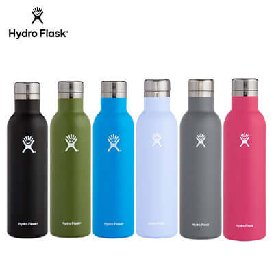 HydroFlask 25oz Wine Bottle collection in various colors for adventures and corporate gifts.