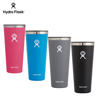 HydroFlask 32oz Tumbler in pink, blue, gray, and black showcasing corporate gift options.