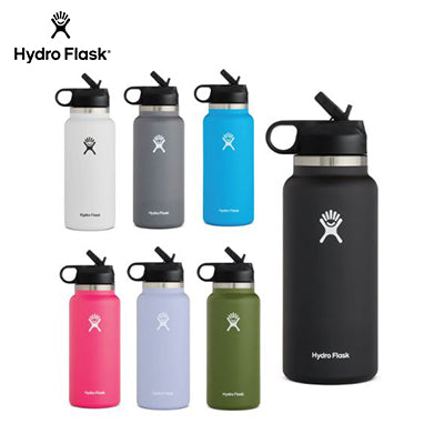 HydroFlask 32oz Wide Mouth Bottle with Straw Lid in various colors for hydration on the go.