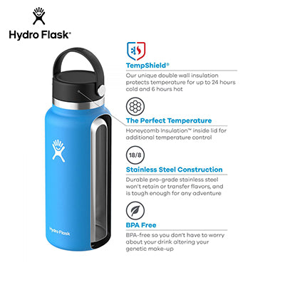 HydroFlask 32oz Wide Mouth Bottle features TempShield technology for optimal temperature control and BPA-free stainless steel.