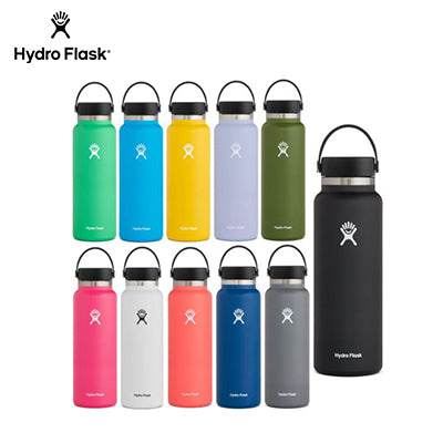 HydroFlask 40oz Wide Mouth Bottle collection in various colors, showcasing TempShield technology and durability.