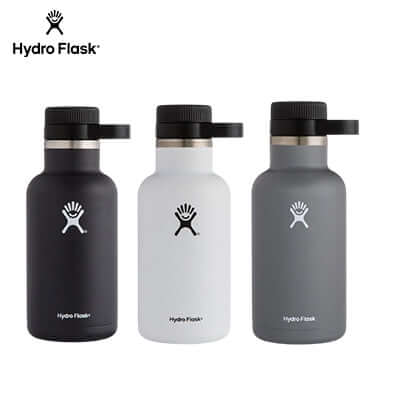 HydroFlask 64 oz Growler Flask in three colors: black, white, and gray, perfect for outdoor adventures.