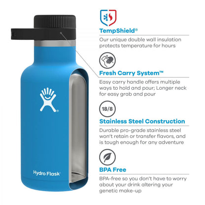 Image of HydroFlask 64 oz Growler Flask featuring TempShield, Fresh Carry System™, stainless steel construction, and BPA free.