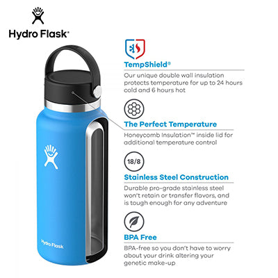 HydroFlask 64oz Wide Mouth Bottle features TempShield insulation, stainless steel construction, and is BPA free.