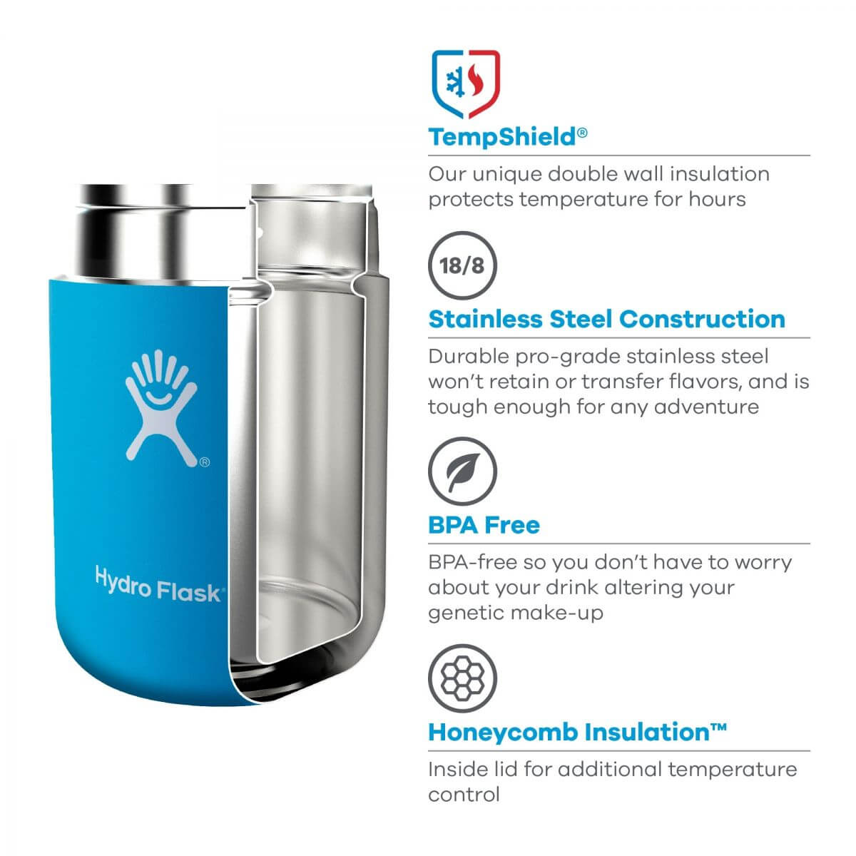 Features of the HydroFlask Food Flask showcasing TempShield, Stainless Steel Construction, and BPA Free design.