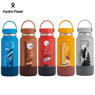 HydroFlask National Park Foundation Limited Edition 32oz Wide Mouth bottle collection in various colors and designs.