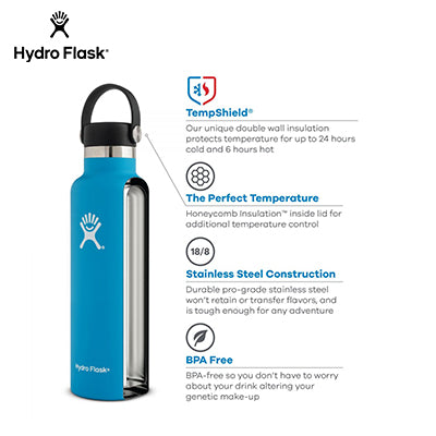 HydroFlask Standard Mouth Bottle features TempShield technology and 18/8 stainless steel for hydration on the go.