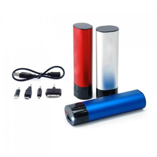 K-dex Portable Charger in red, blue, and silver, with charging cables, ideal for corporate gift.