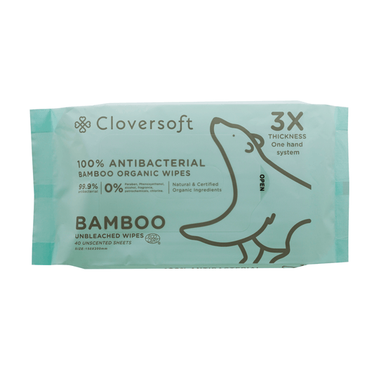 40 Sheets Unbleached Bamboo Organic Antibacterial Wipes packaging featuring 100% antibacterial and organic ingredients.