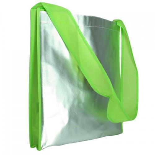 Laminated Aluminium Sling Bag in shiny silver with green straps, ideal for modern accessories and corporate gifts.