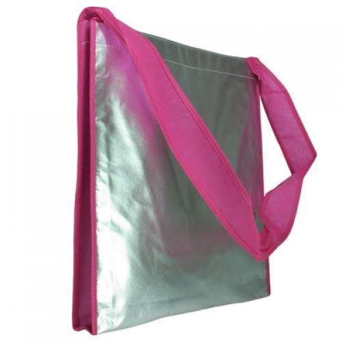 Laminated Aluminium Sling Bag with a shiny silver finish and pink strap, ideal for corporate gifts.