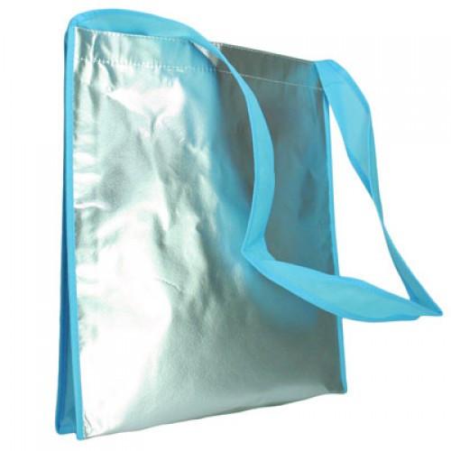 Laminated Aluminium Sling Bag in shiny blue color, perfect for corporate gifts and stylish outings.