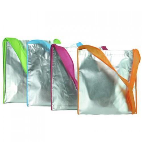 Laminated Aluminium Sling Bag in vibrant colors: green, pink, and orange, showcasing a stylish design for corporate gifts.