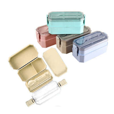 Eco Friendly 2-tier Lunchbox with Cutlery Set in assorted colors including beige, blue, and pink, showcasing cutlery.