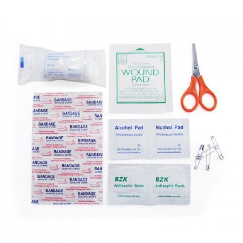 Mini First Aid Kit with Pouch contents including bandages, alcohol pads, scissors, and more.