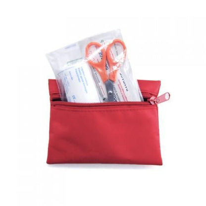 Mini First Aid Kit with Pouch showing red pouch, scissors, and essential first aid supplies.