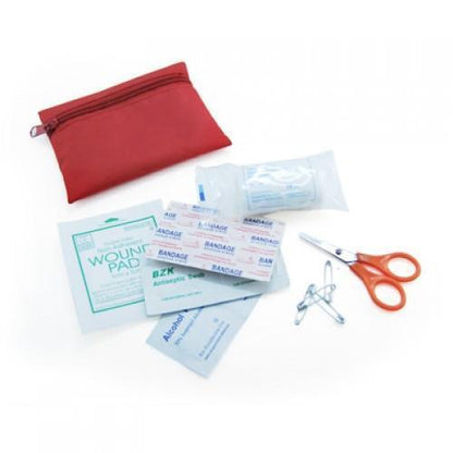 Mini First Aid Kit with Pouch featuring bandages, alcohol pads, scissors, and a vibrant red pouch.