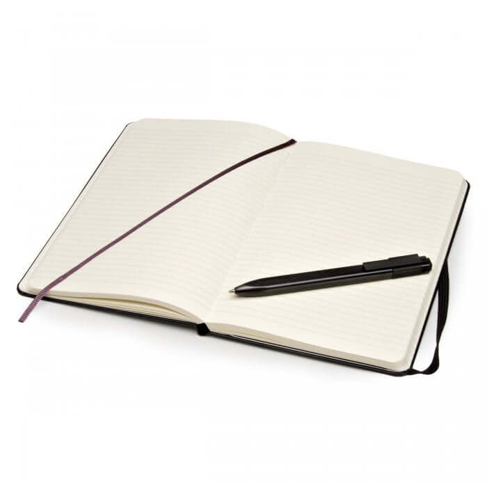 MOLESKINE A5 Notebook with Roller Pen Set open with pen on pages, perfect for capturing thoughts and ideas.