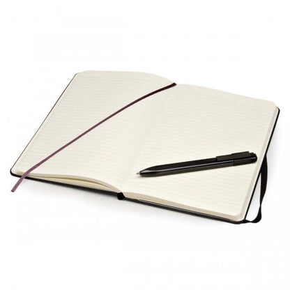 MOLESKINE A5 Notebook with Roller Pen Set open with pen on pages, perfect for capturing thoughts and ideas.