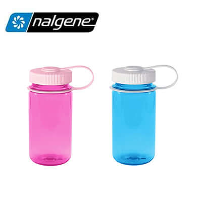 Nalgene 12oz Minigrip Water Bottle in pink and blue, ideal for corporate gifts and on-the-go hydration.