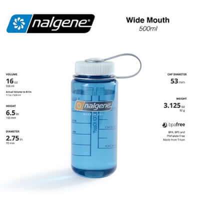 Nalgene 16oz BPA Free Wide Mouth Water Bottle (500ml) showing measurements, features, and blue design.