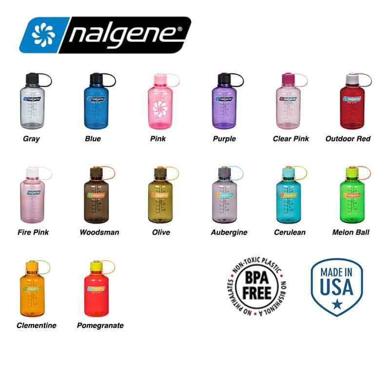 Nalgene 16oz Narrow Mouth Water Bottle colors including Pink, Blue, Gray, and more; ideal as a Corporate Gift.