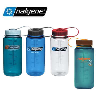 Nalgene 16oz Wide Mouth Sustain Water Bottles in various colors with Nalgene logo.