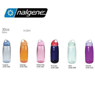 Nalgene 30oz N-Gen Water Bottle (900ml) in various colors including Tuxedo, Orange, Pretty Pink, Tri-Color, Mint, Orchid.