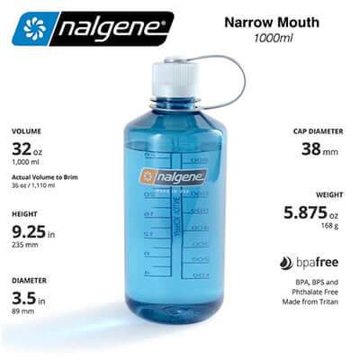 Nalgene 32oz BPA Free Narrow Mouth Water Bottle (1,000ml) showing blue design and measurement details for outdoor use.