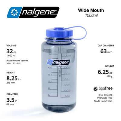 Nalgene 32oz BPA Free Wide Mouth Water Bottle (1,000ml) specifications and features.