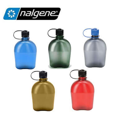 Nalgene 32oz Oasis Water Bottle collection featuring blue, green, grey, gold, and red bottles.
