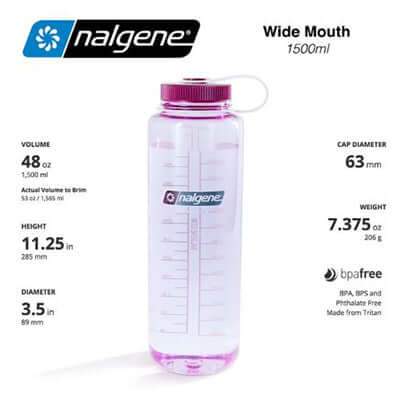 Nalgene 48oz BPA Free Wide Mouth Water Bottle (1,500ml) features volume and dimensions for outdoor activities.