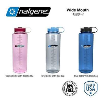 Nalgene 48oz BPA Free Wide Mouth Water Bottle (1,500ml) in various colors including pink, gray, and blue.