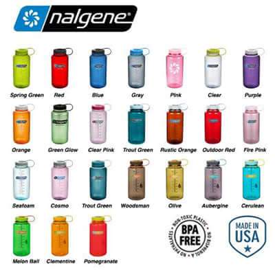 Nalgene 32oz BPA Free Wide Mouth Water Bottle (1,000ml) in various colors and styles arrangement.