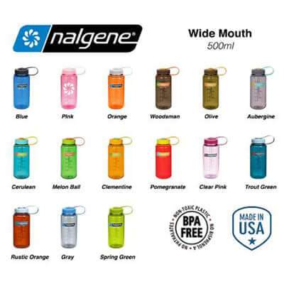 Nalgene 16oz BPA Free Wide Mouth Water Bottle (500ml) in various colors including blue, pink, orange, and more.