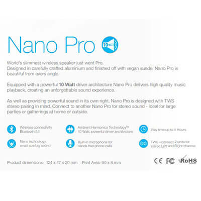 Nano Pro Bluetooth Wireless Speaker features powerful 10 Watt driver, vegan suede finish, perfect corporate gift.
