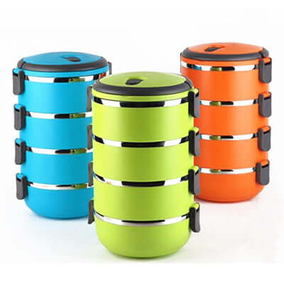 Round Multi-layer Lunchbox in blue, green, and orange, perfect for meals and snacks on the go.