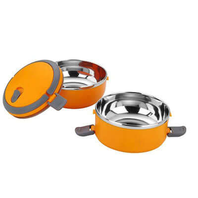 Round Multi-layer Lunchbox in vibrant orange, showcasing its stainless steel layers and durable design for meals on the go.