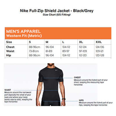 Nike Full-Zip Shield Jacket size chart for men, including measurements for chest, waist, and hip.