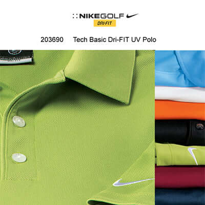 Nike Golf Tech Basic Dri-FIT UV Polo Shirt in various colors showcasing moisture-wicking and UV protection features.